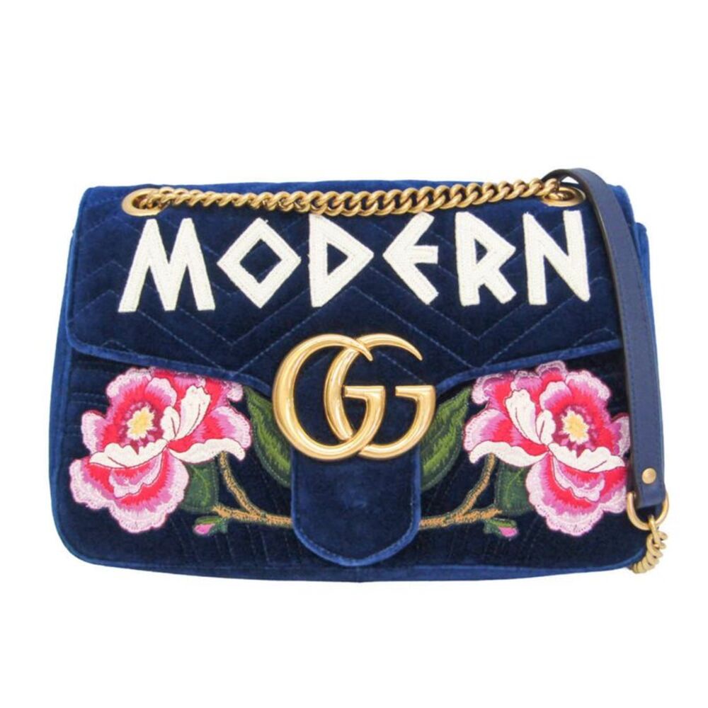 Gucci Gg Marmont Flap Embroidered Matelasse Velvet Blue Velvet Shoulder Bag Bag
